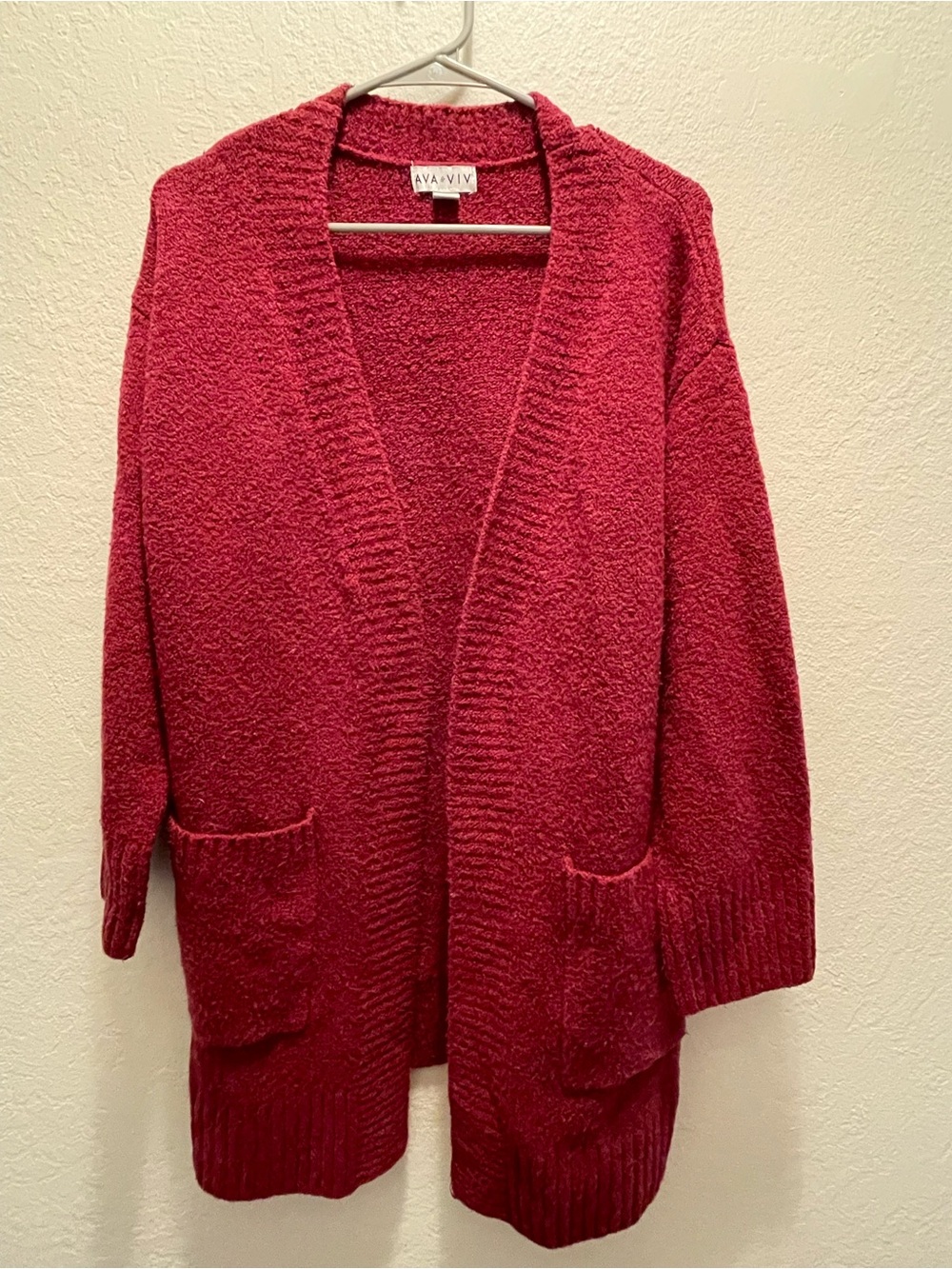 Ava & Viv Deep Red Open-Front Bouclé Cardigan with Pockets
